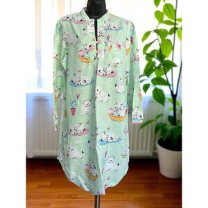 Nick & Nora Mint Green Long Sleeve Nightshirt With Cat Print & Mandarin Collar